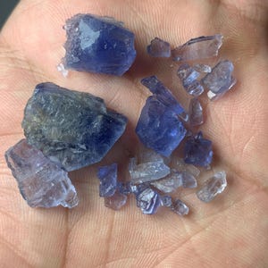 Könnte beinhalten: Eine Sammlung roher, ungeschliffener Tansanitkristalle in verschiedenen Größen und Formen. Die Kristalle zeigen Farbtöne von tiefem Blau und Violett, wobei einige durchscheinend erscheinen. Die rohen Edelsteine werden in einer Hand gehalten.