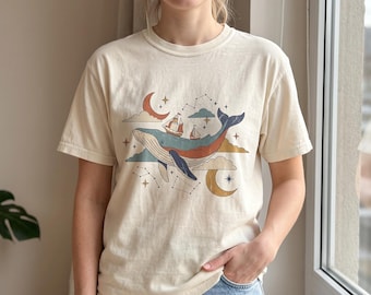 Whale Sailboat Illustration T-shirt | Nautical Moon Constellation Tee | Comfort Colors Retro Tee