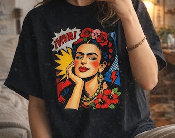 Frida Kahlo Comic Graphic Tee | Frida Comic Portrait Black T-Shirt | Mexican Icon Tee