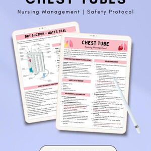 May include: Two digital tablets showing nursing education content on chest tubes. The tablets display diagrams and text about dry suction, water seals, and nursing management. A stylus rests on the right tablet, with the text "DOWNLOAD NOW" visible.