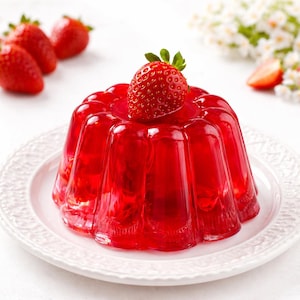 May include: A bright red jelly dessert, garnished with a fresh strawberry, presented on a white plate. Several ripe strawberries are placed around the plate, with white flowers in the background. The jelly has a glossy, transparent appearance.