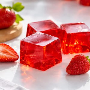 Könnte beinhalten: Drei durchscheinende, leuchtend rote Gelee-Würfel liegen auf einer weißen Oberfläche, zusammen mit frischen Erdbeeren. Eine Erdbeere ist halbiert und zeigt ihr Inneres. Die Würfel haben ein glattes, glänzendes Aussehen und deuten auf ein erfrischendes Dessert hin.