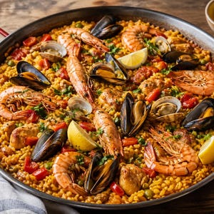 May include: A large pan of paella, a Spanish rice dish, filled with yellow rice, prawns, mussels, clams, chicken, and red peppers. Garnished with lemon wedges and fresh herbs. The pan has a red handle and sits on a wooden surface.