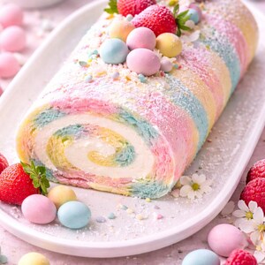 Op de afbeelding: Een kleurrijke regenboog-gestreepte cake roll op een wit bord, versierd met verse aardbeien, pastelkleurige snoepjes en sprinkles. De cake heeft een witte crèmevulling en is een dessert.