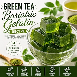 May include: A clear glass bowl filled with green gelatin cubes. The image features a wooden spoon with green powder, a small bowl of green powder, and a cup of green liquid. Text on the image reads "Green Tea Bariatric Gelatin Recipe".