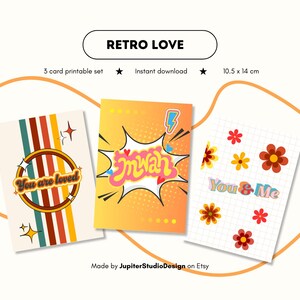 Lot 3 cartes de Saint-Valentin Retro Love | modèle numérique PDF imprimable | cartes colorées pour les amoureux