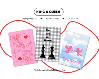 Set of 3 King & Queen Valentine's Day Cards | Printable PDF Digital Template | Colorful Cards for Lovers