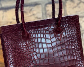 Handmade Leather Tote Bag: Crocodile Pattern Designer Purse