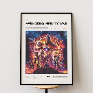 Puede incluir: Póster enmarcado de la película "Avengers: Infinity War". El póster presenta un collage de personajes sobre un fondo cósmico, con el título en la parte superior. El póster está en un marco negro y se muestra en una pared blanca.