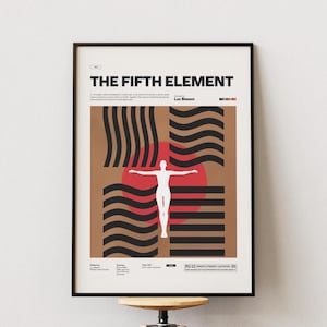 May include: Framed poster featuring the title "THE FIFTH ELEMENT" in black text. The artwork includes a white figure with outstretched arms against a red circle, brown and black wavy and striped shapes. The poster is in a black frame.