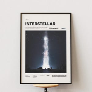 Peut inclure: Affiche encadrée du film "Interstellar" dans un cadre noir. Le titre du film est en blanc en haut. L'image présente une colonne de lumière vive et brillante sur un fond sombre et étoilé, évoquant l'émerveillement et l'exploration spatiale.