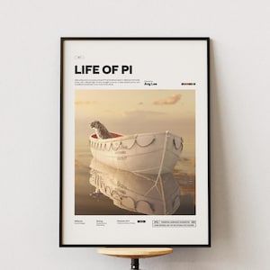 May include: Framed poster for the film "Life of Pi." The artwork depicts a tiger in a white lifeboat on water, reflecting the sunset. The film's title is at the top, with the director's name below.