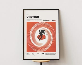 Vertigo Poster, Alfred Hitchcock Film Vertigo Print Poster, James Stewart and Kim Novak Starring 1958 Movie Vertigo Wall Decor Idea