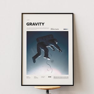 May include: A framed poster with the title "GRAVITY" in bold white letters. The image features an astronaut in a dark suit floating in space. The poster is in a black frame and is displayed against a white wall.
