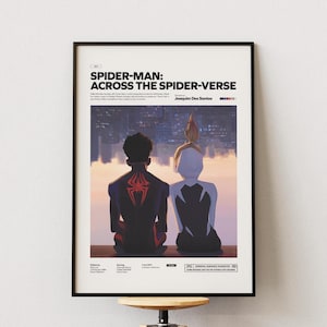 Könnte beinhalten: Gerahmtes Poster mit dem Titel "SPIDER-MAN: ACROSS THE SPIDER-VERSE". Das Kunstwerk zeigt zwei Figuren, eine mit einem roten Spinnenemblem, die sitzen und auf eine Stadtlandschaft blicken. Das Poster ist in einem schwarzen Rahmen.