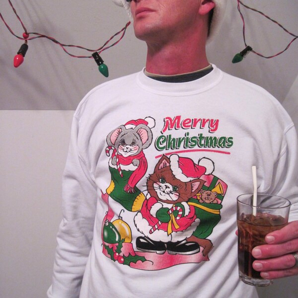 Ugly Christmas Sweater Party Sweatshirt Jumper, Tacky, MERRY CHRISTMAS Cat & Mouse, Best Fit M/L,   November Sale 10% Off