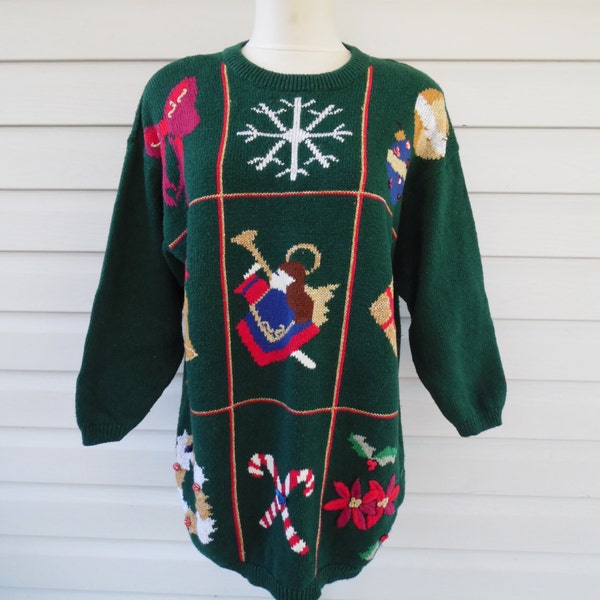 SALE! Ugly Christmas Sweater Jumper GLITTERY Angel, Snowflake, Bell, Wreath, Presents, and SO Much More! Tacky, Gaudy, Fun! Best Fit 1X!
