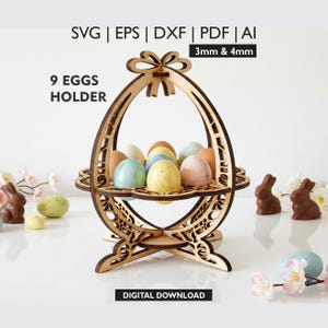 Arquivo SVG para corte a laser de suporte para 9 ovos de Páscoa da Glowforge. Modelo SVG de suporte para ovos de coelho da Páscoa em pé (DXF). Corte a laser de Páscoa.