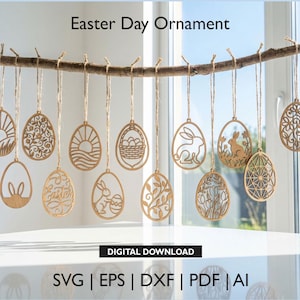 レーザーカットイースターエッグSVGバンドル、バニーオーナメントレーザーカットSVG、イースターオーナメントレーザーカットファイル、エッグタグレーザーカットEPS、インスタントデジタルダウンロード