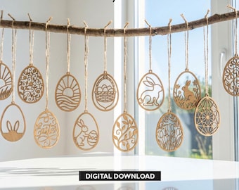 Laser Cut Easter Egg svg Bundle, Bunny Ornament lasercut svg, Easter Ornament Lasercut file, Egg Tag lasercut eps, Instant Digital Download