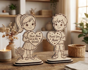 Standing Kids Mother's Day SVG – Best Mom & Thank You Mom SVG, Children Heart Signs, Laser Cut Files, Wooden Table Decor, Instant Download