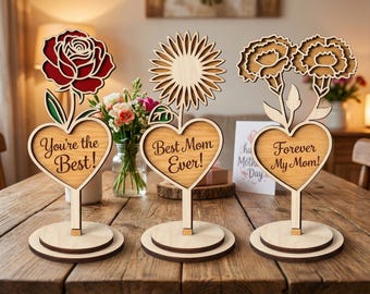 Personalized Mother’s Day Flower Stand SVG Bundle, Heart Mom Table Sign Lasercut Files, Layered Wooden Floral Stand Decor, Glowforge xTool