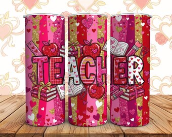 Inflated Valentine Teacher Tumbler Wrap PNG, valentine Coquette Bow Tumbler png, Teacher valentine day Heart png Sublimation Design