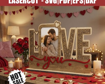 Valentine Love Laser Cut Sign SVG, Romantic photoframe Design Cricut & Glowforge, Love You Laser Cut svg, Laser cut svg Valentine Heart Gift