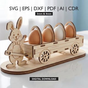 Könnte beinhalten: Ein hölzernes Osterkaninchen zieht einen Wagen mit vier Eiern. Der Wagen hat einen Griff für jedes Ei. Das Kaninchen ist links und der Wagen rechts. Der Text "SVG | EPS | DXF | PDF | AI | CDR" steht oben und "DIGITALER DOWNLOAD" unten.