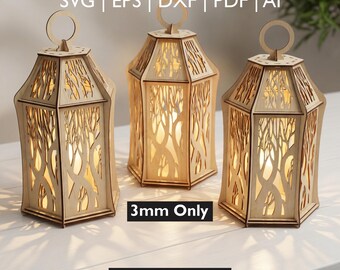 3D Lantern Lasercut SVG Bundle, Tree Tealight Candle Holder Designs, Holiday Lamp DXF - Glowforge xTool CNC, Wedding Decor Digital Download