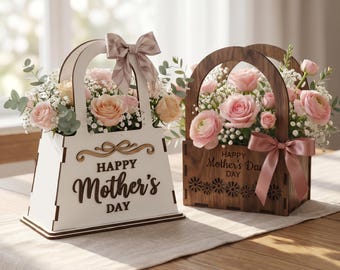 3D Mother's day bags bundle, flower basket laser cut files, wooden purse, mothers day quotes svg, boho handbag for women, trendy gift box