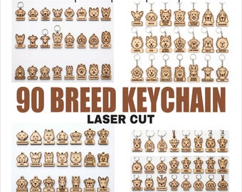 90 Dog Breeds Keychain SVG Bundle, Engraved Dog Name Tag Lasercut svg, Wooden Pet Keychain Designs for Glowforge CNC DXF Digial Download