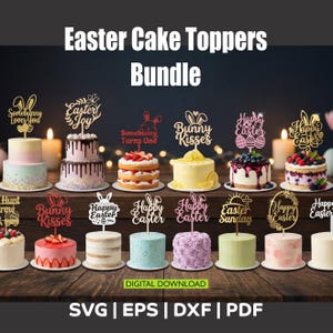 Easter Cake 14 Toppers SVG Bundle, Easter Cake Toppers Laser Cut Designs, Happy Easter Bunny Egg Hunt, 15cm | Plywood/Acrylic 2–4mm