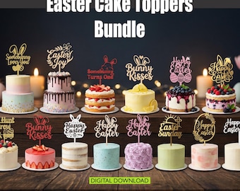 Easter Cake 14 Toppers SVG Bundle, Easter Cake Toppers Laser Cut Designs, Happy Easter Bunny Egg Hunt, 15cm | Plywood/Acrylic 2–4mm