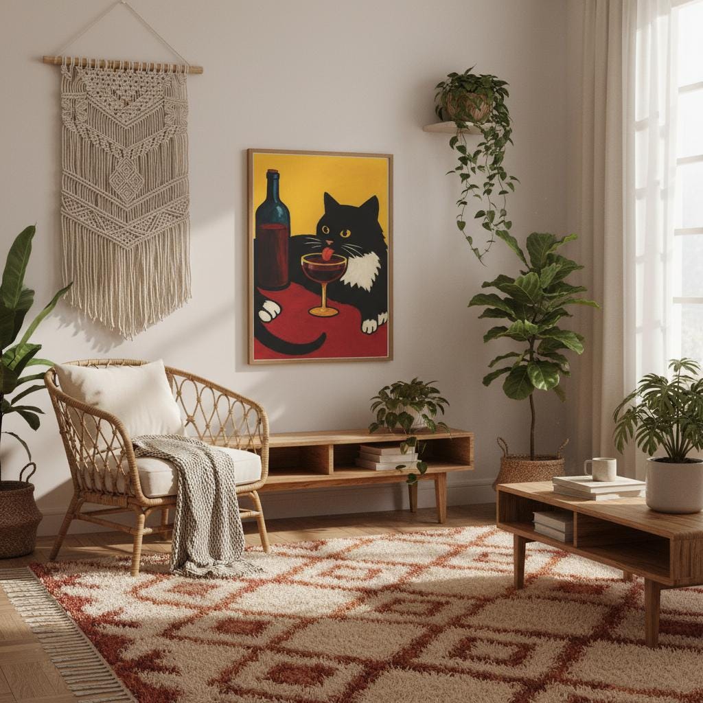 Cat Wine Wall Art Black White Tuxedo Cat Drinking Red Wine Painting ...