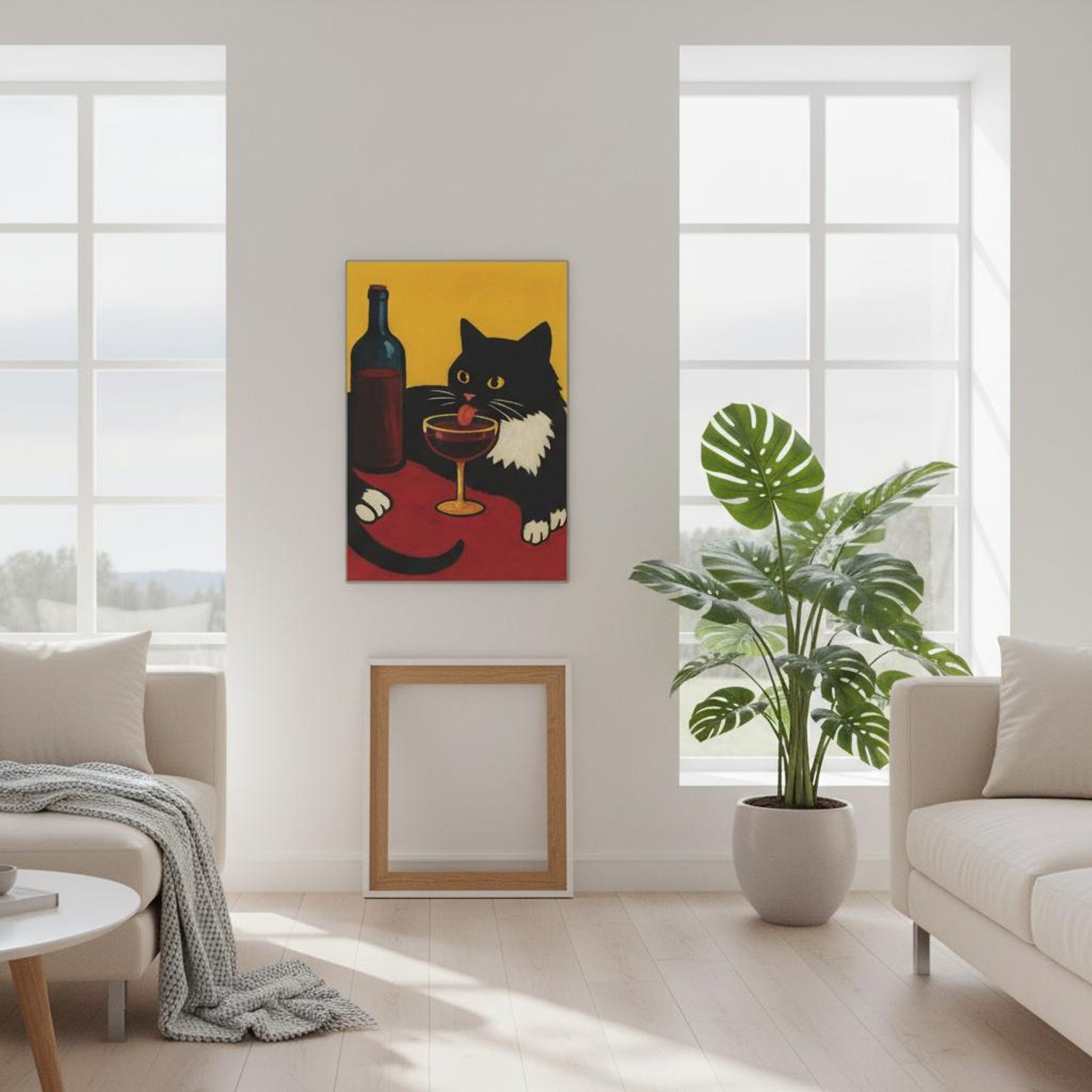 Cat Wine Wall Art Black White Tuxedo Cat Drinking Red Wine Painting ...