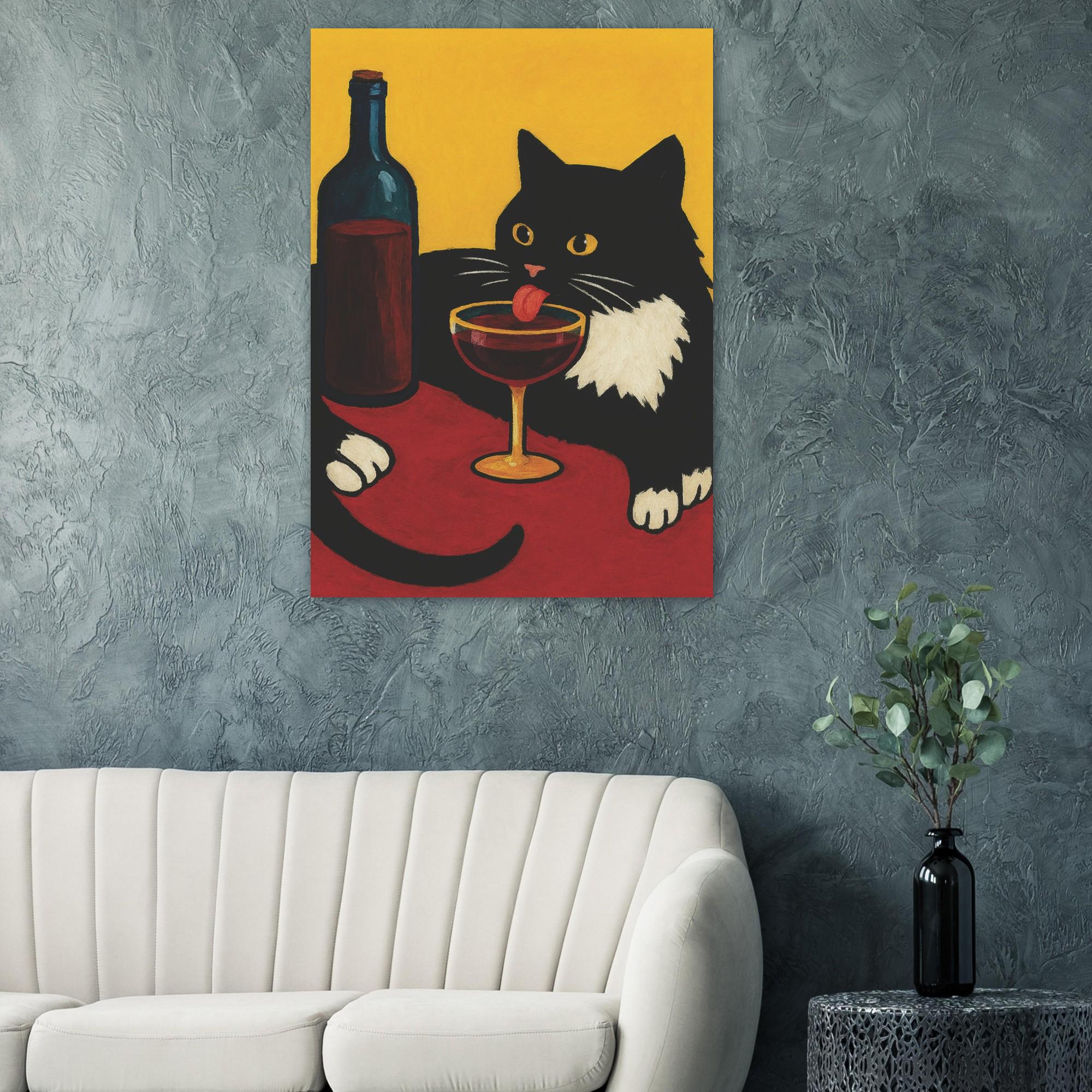Cat Wine Wall Art Black White Tuxedo Cat Drinking Red Wine Painting ...
