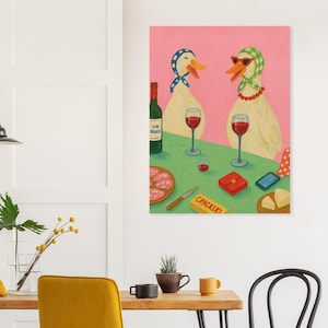 Poster da parete con animali, dipinto retrò di anatre, decorazione divertente per vino, opera d'arte vintage per la cucina, decorazione stravagante per la casa.