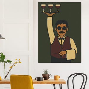 May include: Illustration of a waiter holding a tray with three wine glasses. The waiter wears a burgundy vest, a bow tie, and sunglasses. The background is a dark green color.