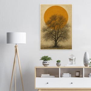 Stampa artistica da parete con silhouette di albero, minimalista, natura, sole ocra, decorazione incorniciata
