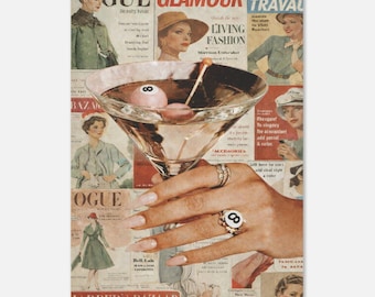 Poster stampabile con illustrazione di rivista retrò, collage glamour di Vogue, cocktail Martini alla moda vintage, decorazione da bar chic femminile