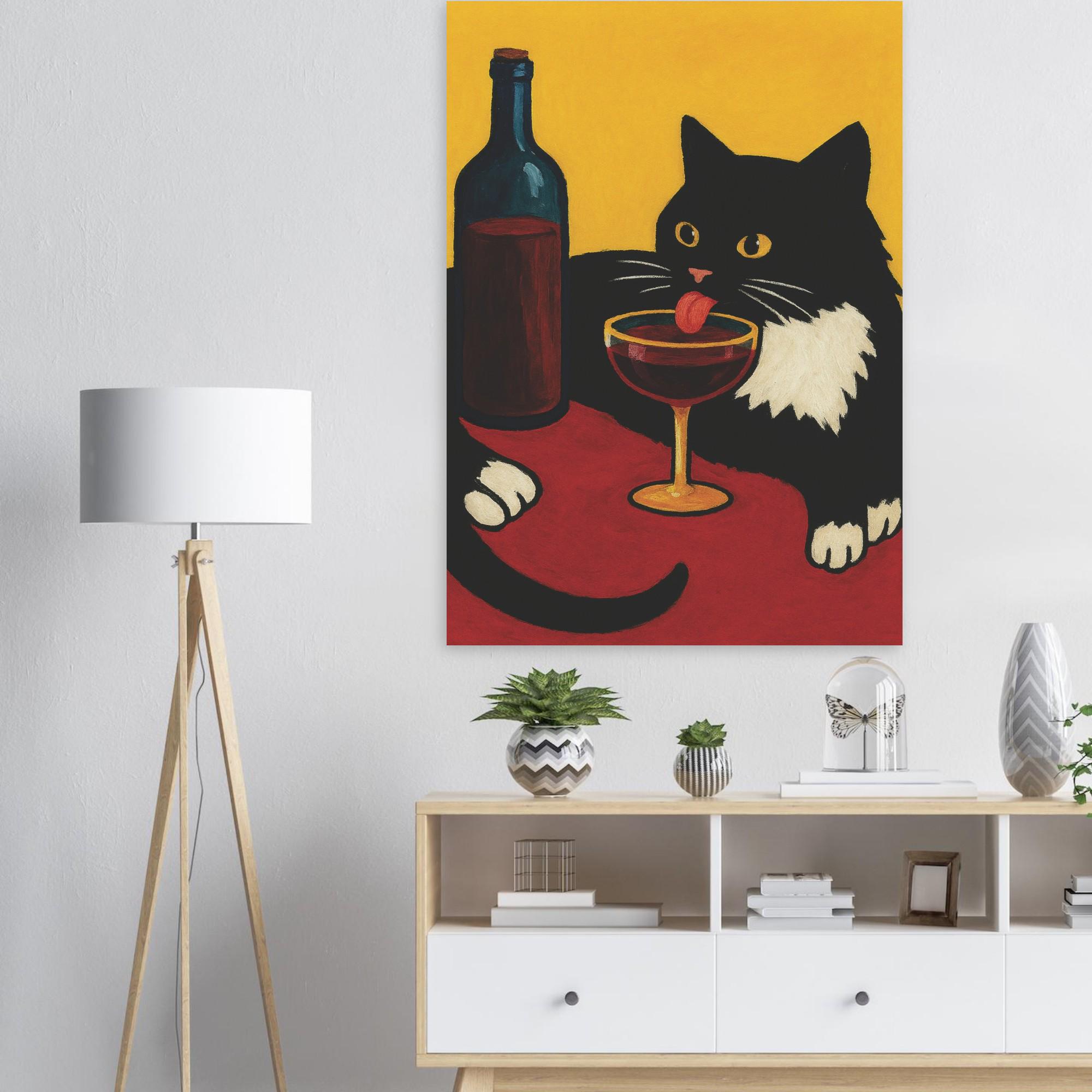 Cat Wine Wall Art Black White Tuxedo Cat Drinking Red Wine Painting ...
