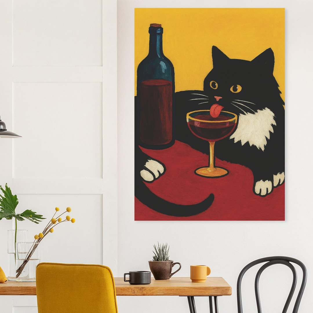 Cat Wine Wall Art Black White Tuxedo Cat Drinking Red Wine Painting ...