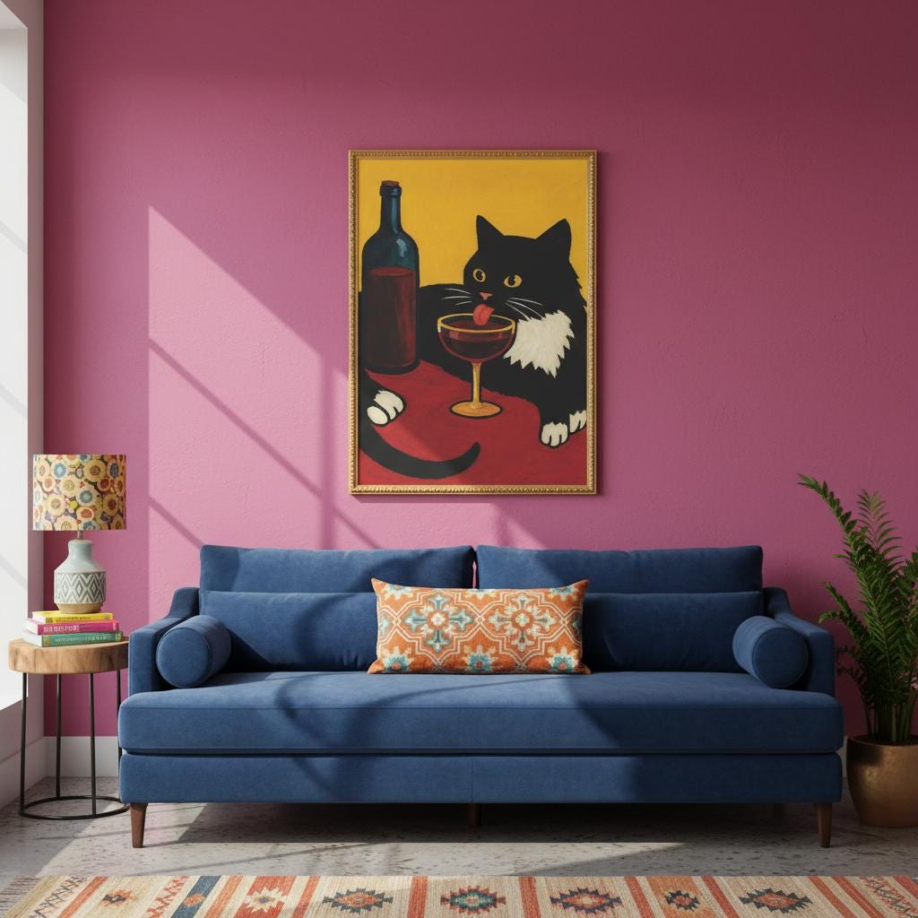 Cat Wine Wall Art Black White Tuxedo Cat Drinking Red Wine Painting ...