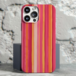 iPhone 11 12 13 14 15 16 Pink Orange Pastell Vintage Vertikale Linien Slim Phone Case ideales Geschenk für sie, Retro illustrierte Ästhetik