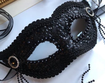 Black Sequin Masquerade Mask: 1920s Lace, Diamante Detail, Fancy Dress Ball
