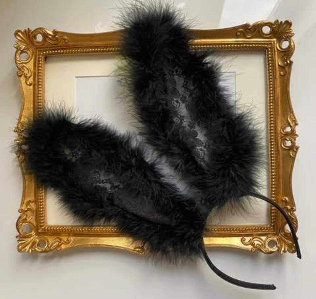 Deluxe Feather Black Lace Bunny Ears Handband Veil Dress up Fancy Dress ...