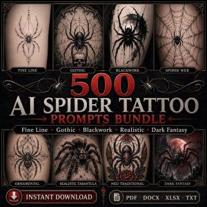 May include: A digital collection titled 500 AI SPIDER TATTOO PROMPTS BUNDLE featuring eight distinct spider tattoo designs including fine line, gothic, blackwork, spider web, ornamental, realistic tarantula, neo traditional, and dark fantasy styles.