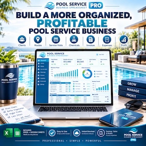 Puede incluir: Un portátil que muestra un panel de control de Pool Service Business Spreadsheet Pro con gráficos y datos, junto a un vaso con marca, un cuaderno con notas manuscritas y un smartphone, sobre un fondo desenfocado de una piscina.