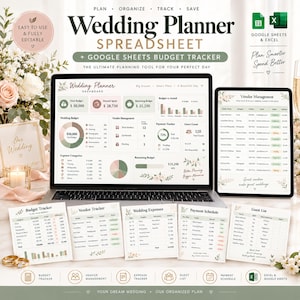 Può includere: Un foglio di calcolo digitale per l'organizzazione di matrimoni e un tracker di budget visualizzati su uno schermo di laptop e tablet, accompagnati da fogli stampati per budget, fornitori, spese, pagamenti e lista ospiti.